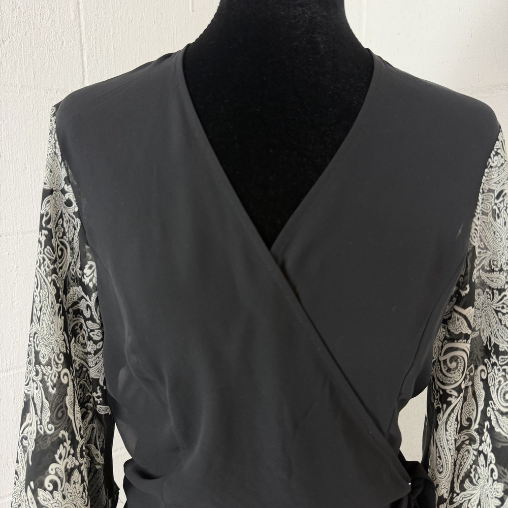 NY & Co Chiffon Wrap Top Black Sheer Asymmetric Sleeves Whimsigoth Dark Fairy S - Picture 3 of 14